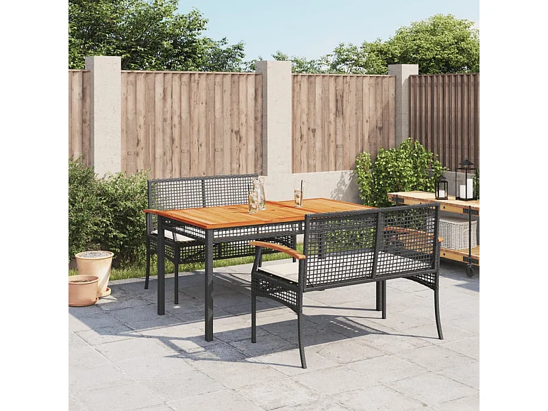 3 pcs conjunto de jantar p/ jardim c/ almofadões vime PE preto