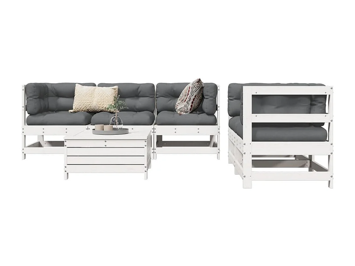 Set Divani da Giardino 6 pz Bianco in Legno Massello di Pino