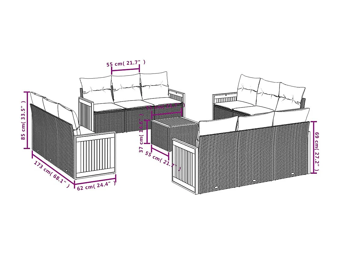 13-tlg. Garten-Sofagarnitur mit Kissen Grau Poly Rattan