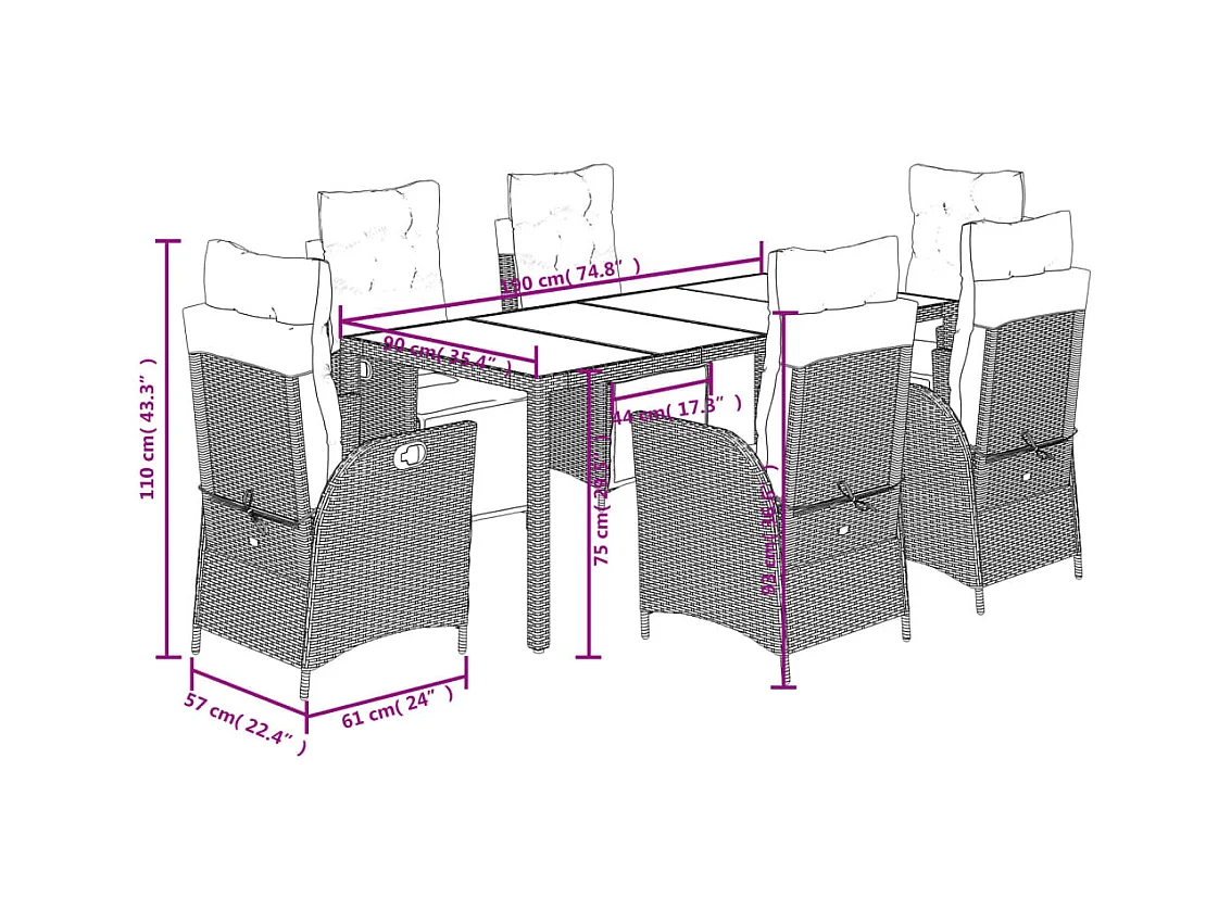 7-tlg. Garten-Essgruppe mit Kissen Schwarz Poly Rattan