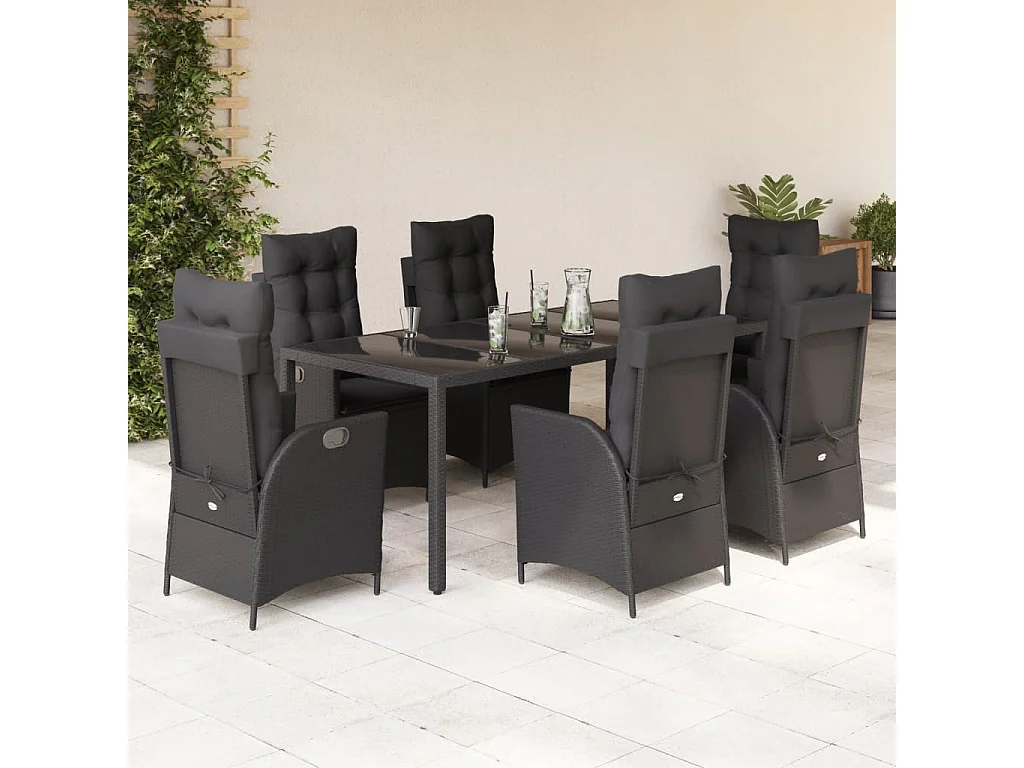 Ensemble à manger de jardin coussins 7pcs Noir Résine tressée