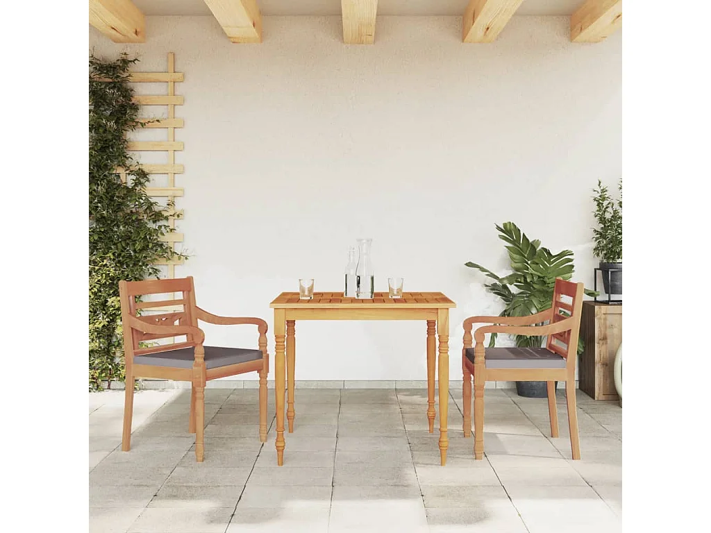 3-tlg. Garten-Essgruppe mit Dunkelgrauen Kissen Massivholz Teak