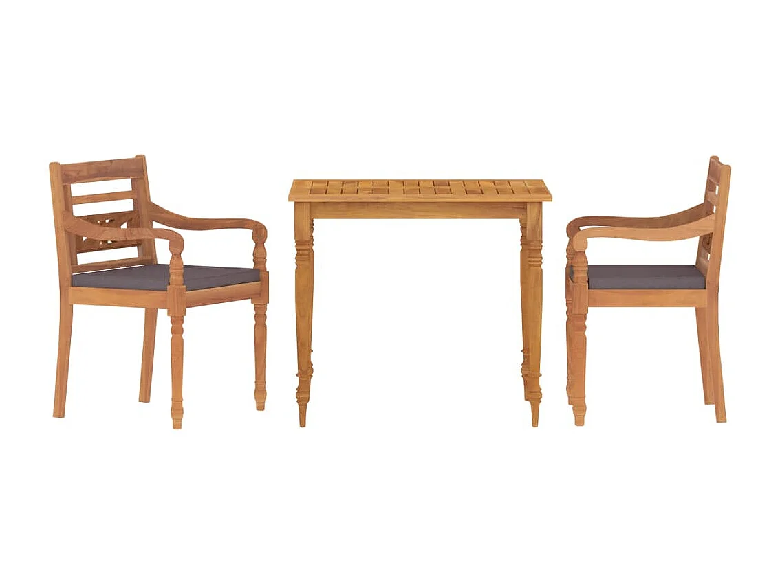 3-tlg. Garten-Essgruppe mit Dunkelgrauen Kissen Massivholz Teak