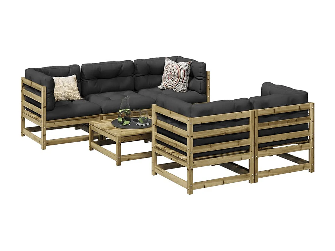 Salon de jardin 6 pcs avec coussins bois de pin imprégné
