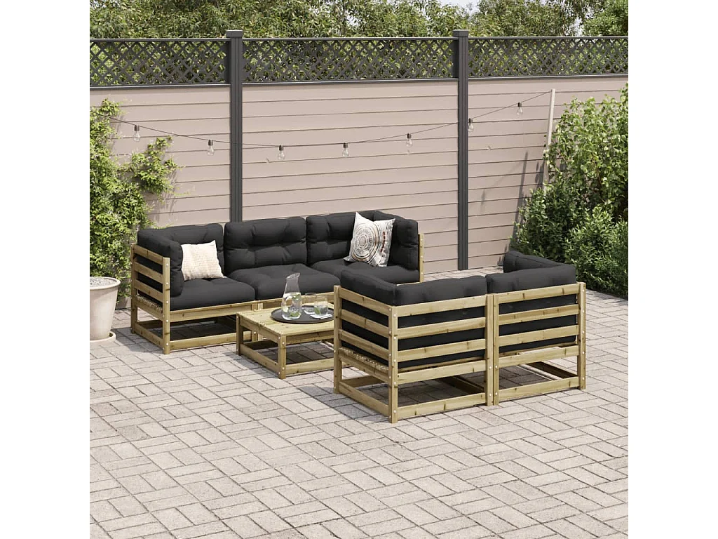Salon de jardin 6 pcs avec coussins bois de pin imprégné