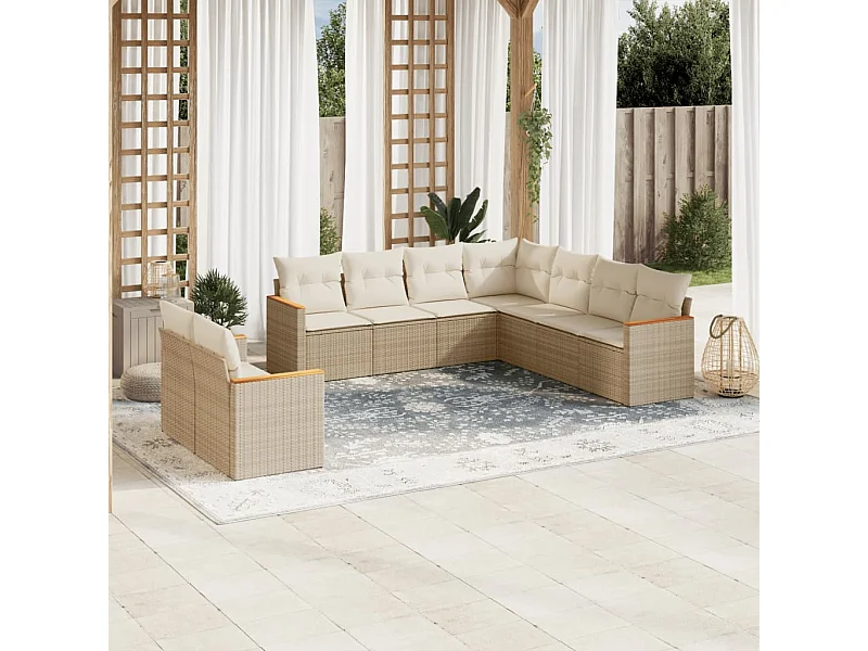 Salon de jardin avec coussins 9 pcs beige résine tressée