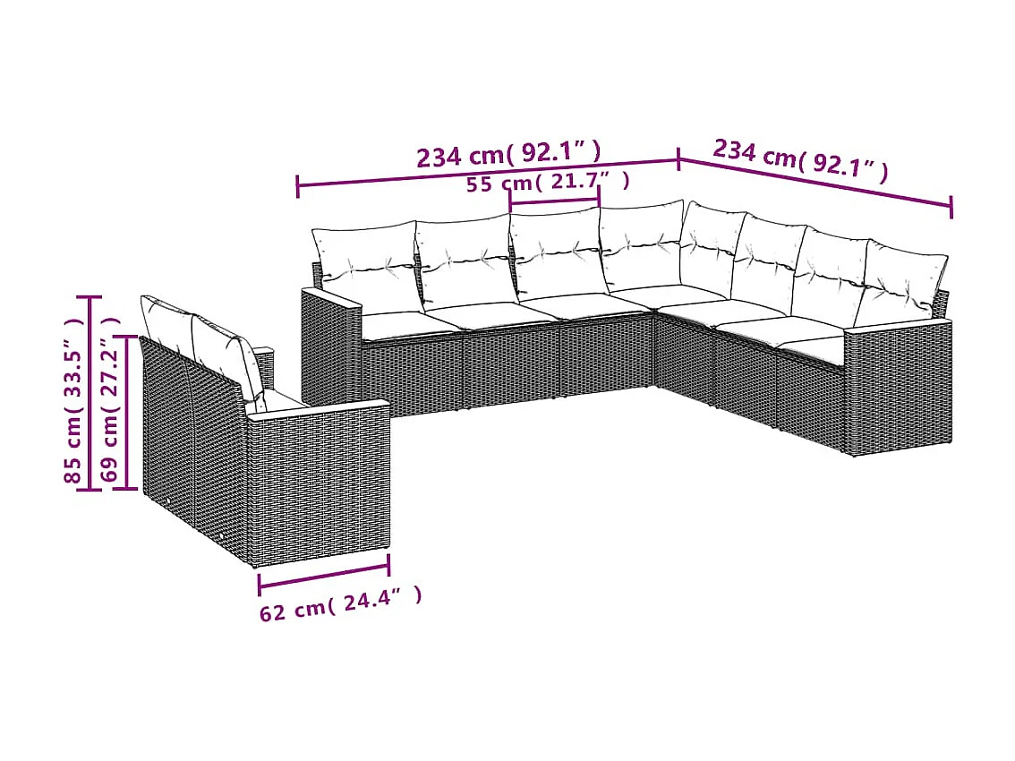 Salon de jardin avec coussins 9 pcs beige résine tressée