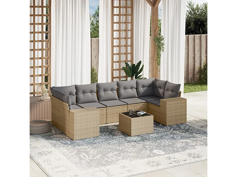 Salon de jardin avec coussins 8 pcs beige résine tressée