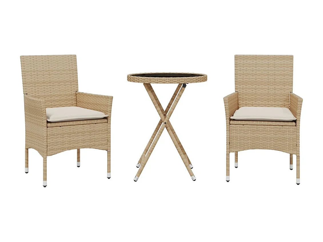 Set da Bistrò 3 pz con Cuscini Beige Polyrattan e Vetro