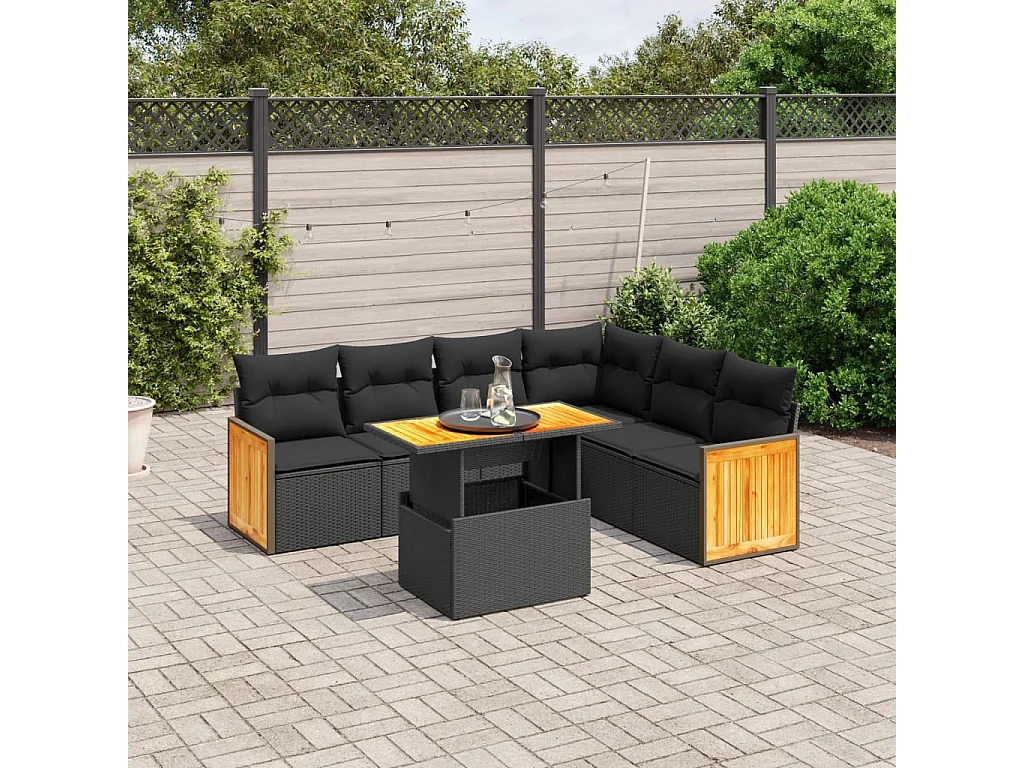 Salon de jardin 7 pcs avec coussins noir résine tressée
