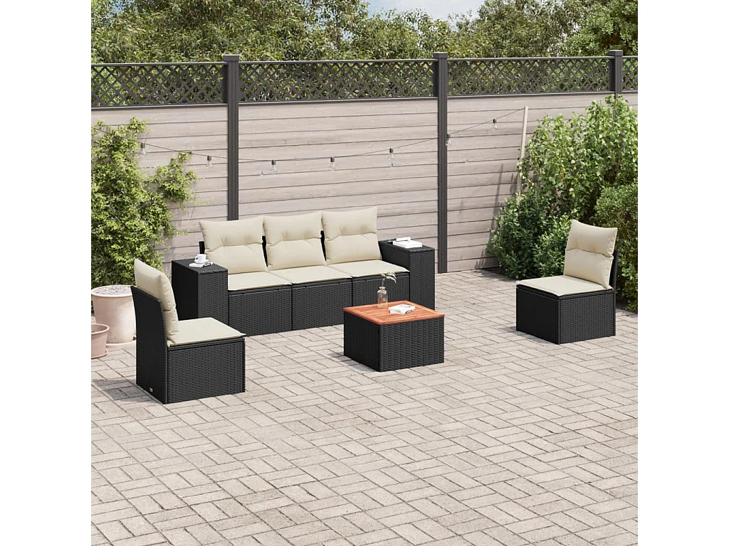 Salon de jardin 6 pcs avec coussins noir résine tressée