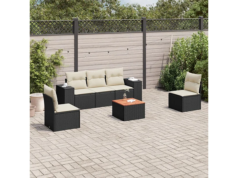 Salon de jardin 6 pcs avec coussins noir résine tressée