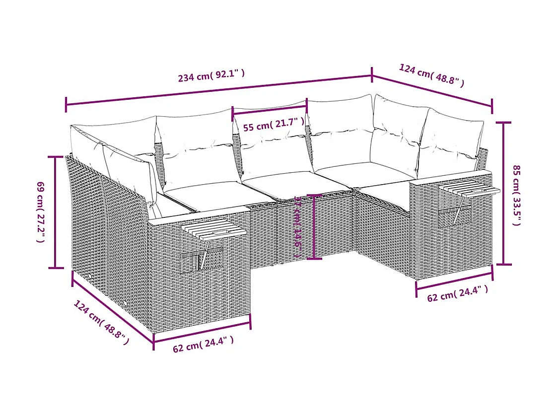 6 pcs conjunto de sofás p/ jardim com almofadões vime PE bege
