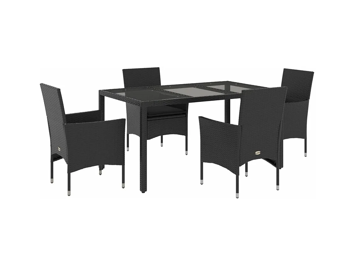 Ensemble à manger de jardin et coussins 5 pcs noir rotin verre