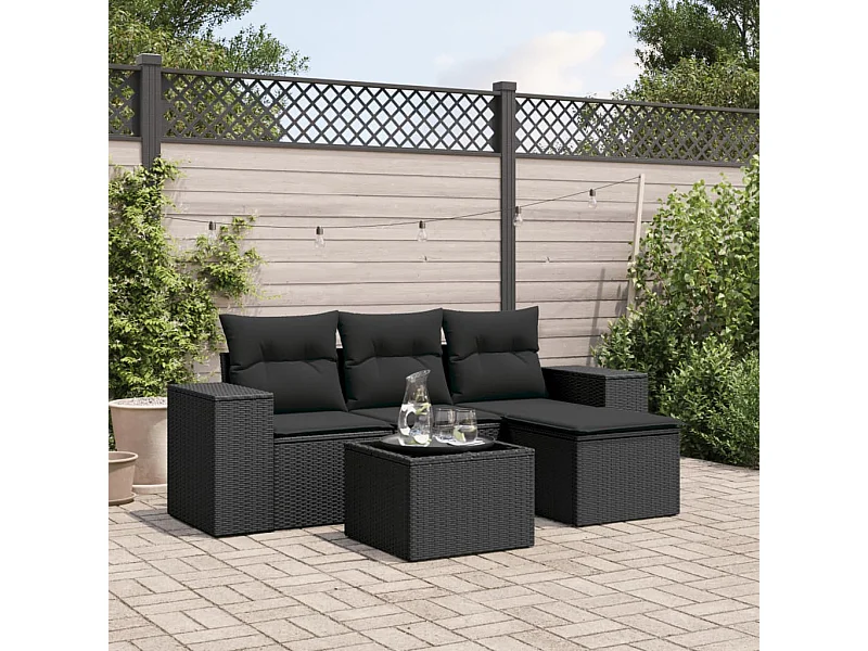 5-tlg. Garten-Sofagarnitur mit Kissen Schwarz Poly Rattan
