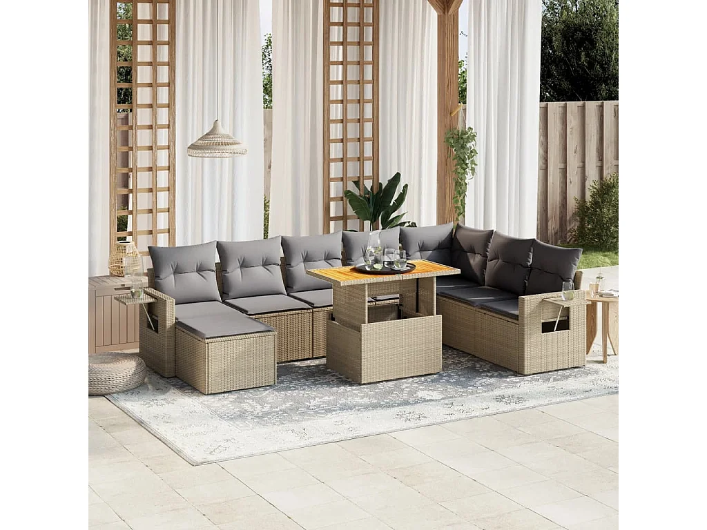 Salon de jardin avec coussins 9 pcs beige résine tressée