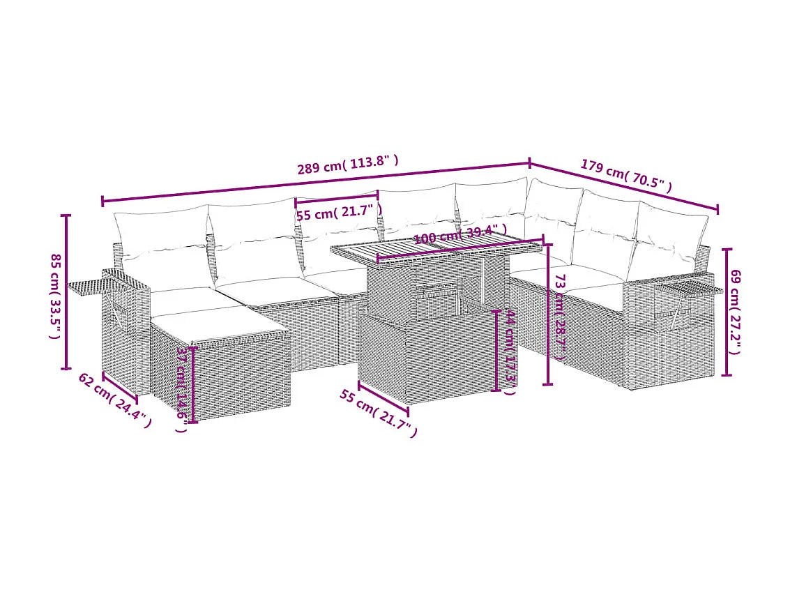 Salon de jardin avec coussins 9 pcs beige résine tressée