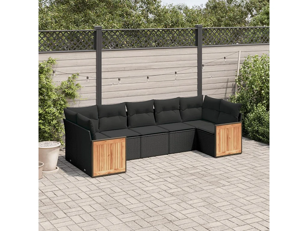Salon de jardin 7 pcs avec coussins noir résine tressée