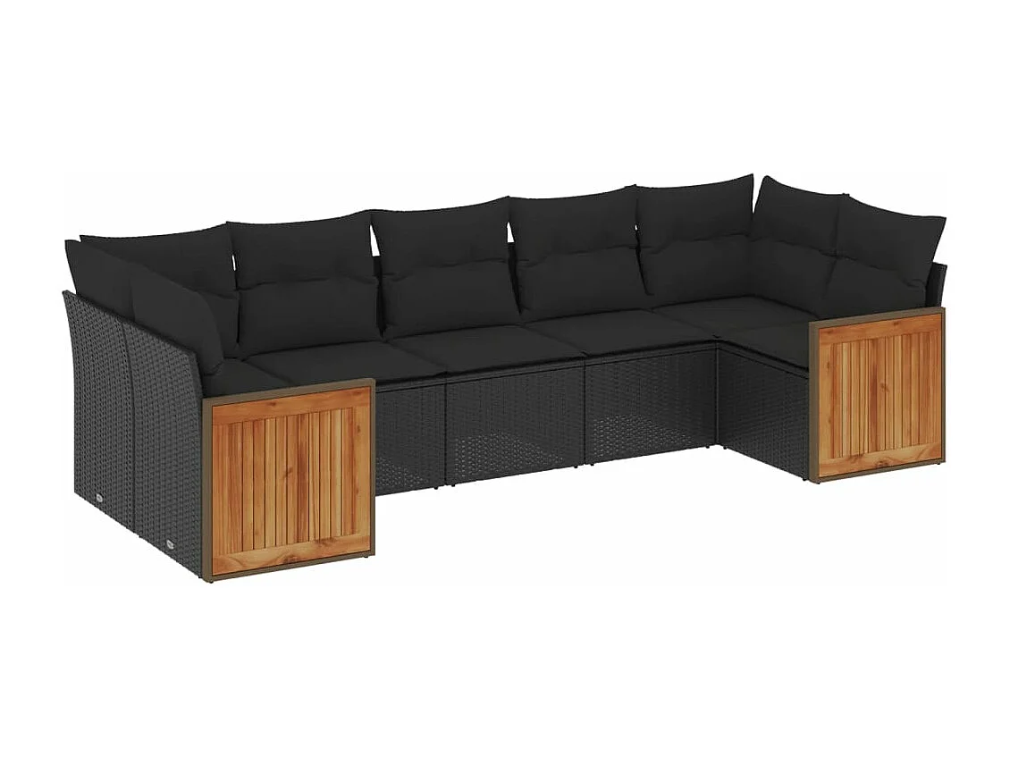 Salon de jardin 7 pcs avec coussins noir résine tressée