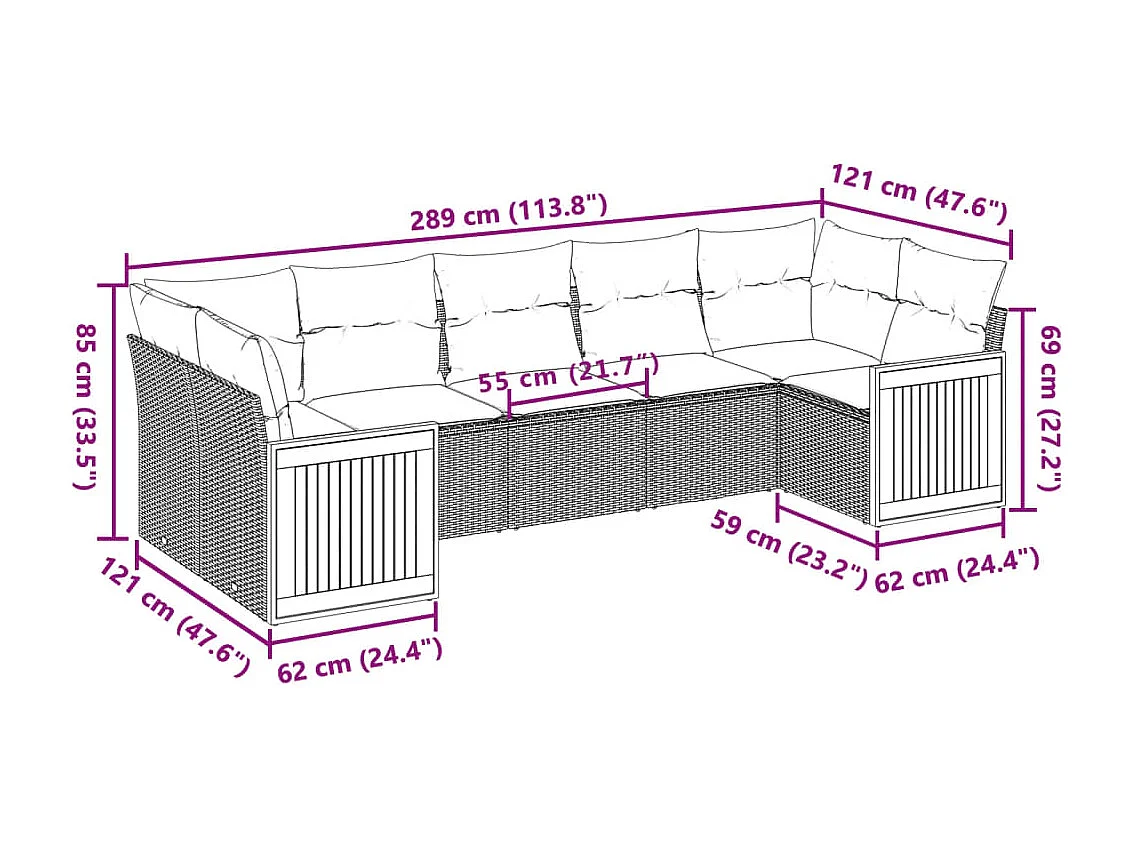 Salon de jardin 7 pcs avec coussins noir résine tressée