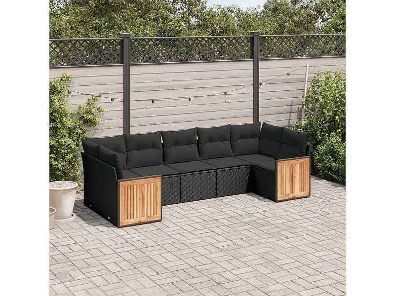Salon de jardin 7 pcs avec coussins noir résine tressée