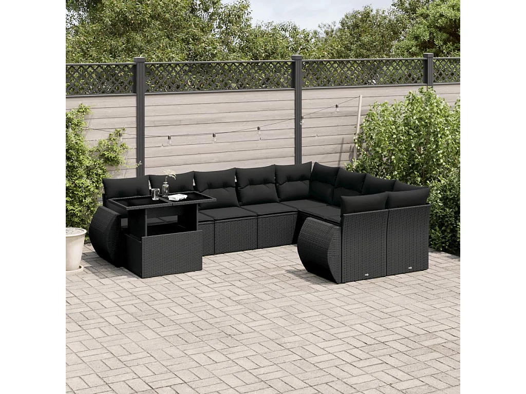 Set Divani da Giardino 10pz con Cuscini in Polyrattan Nero