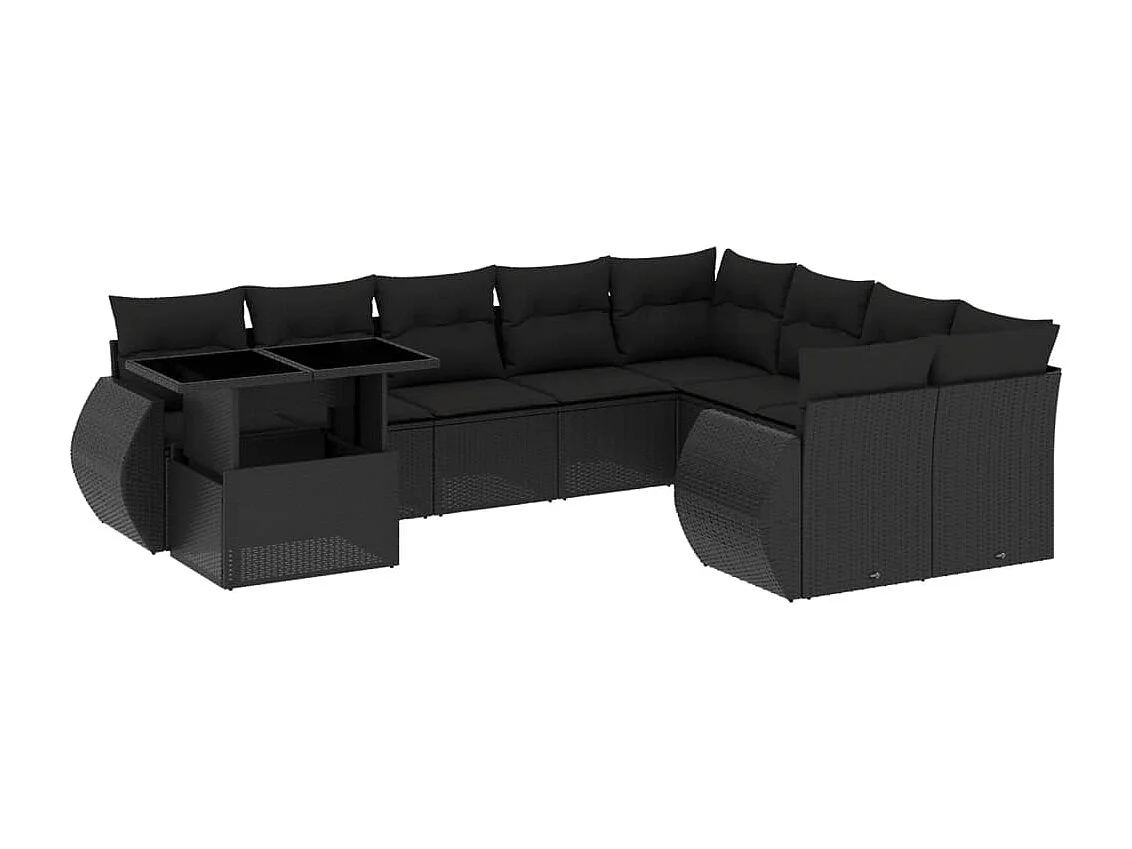 Set Divani da Giardino 10pz con Cuscini in Polyrattan Nero