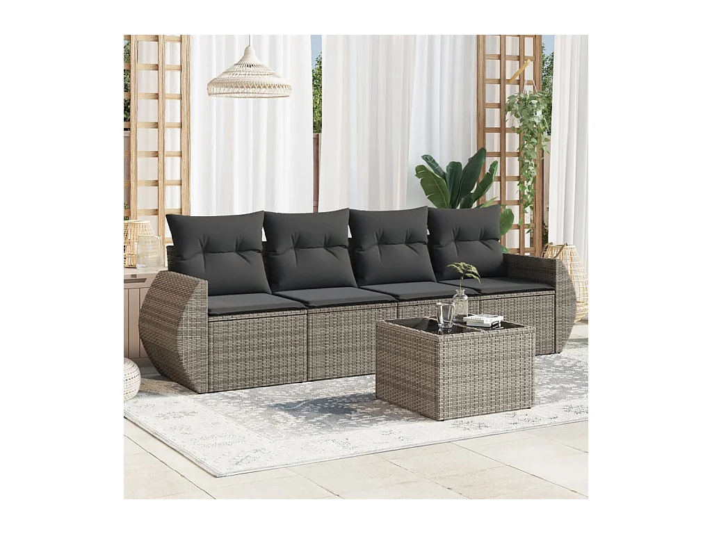 Salon de jardin 5 pcs avec coussins gris résine tressée