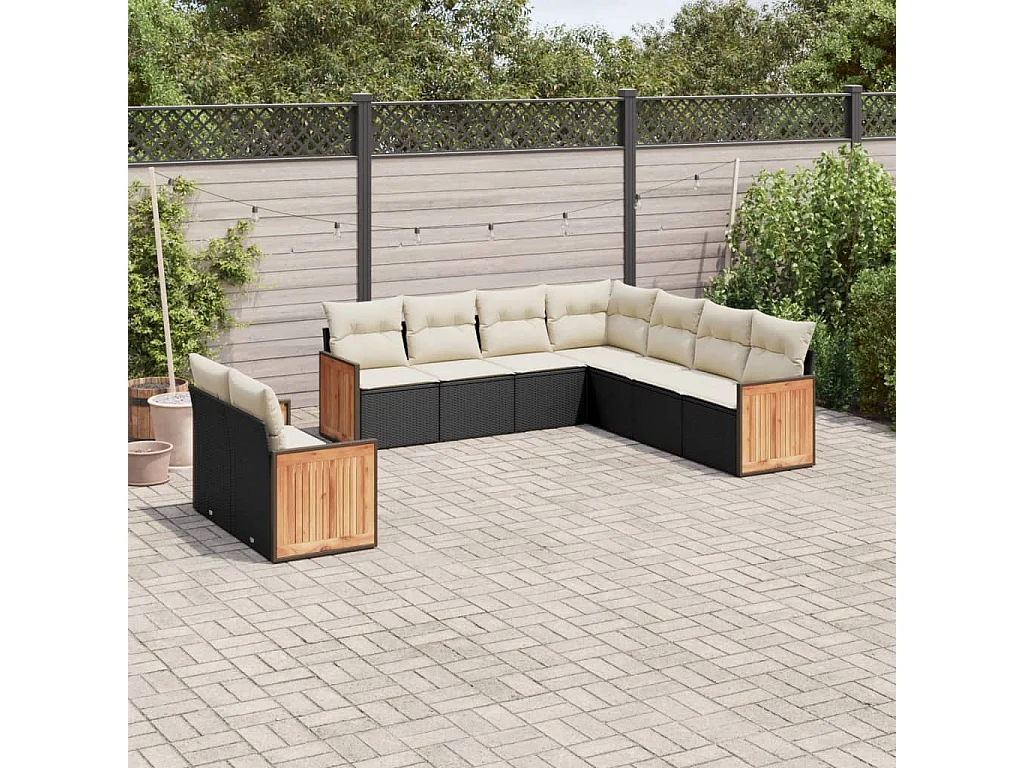 Salon de jardin 9 pcs avec coussins noir résine tressée