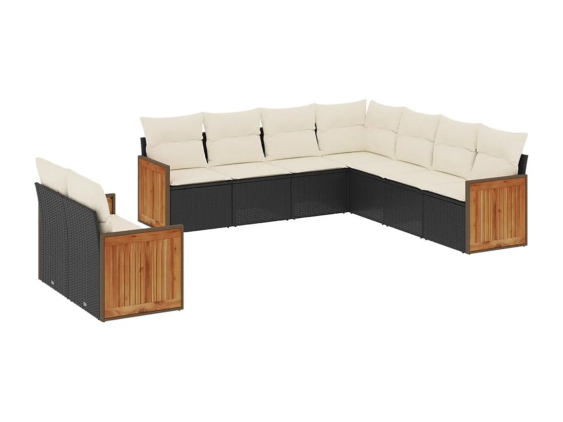 Salon de jardin 9 pcs avec coussins noir résine tressée