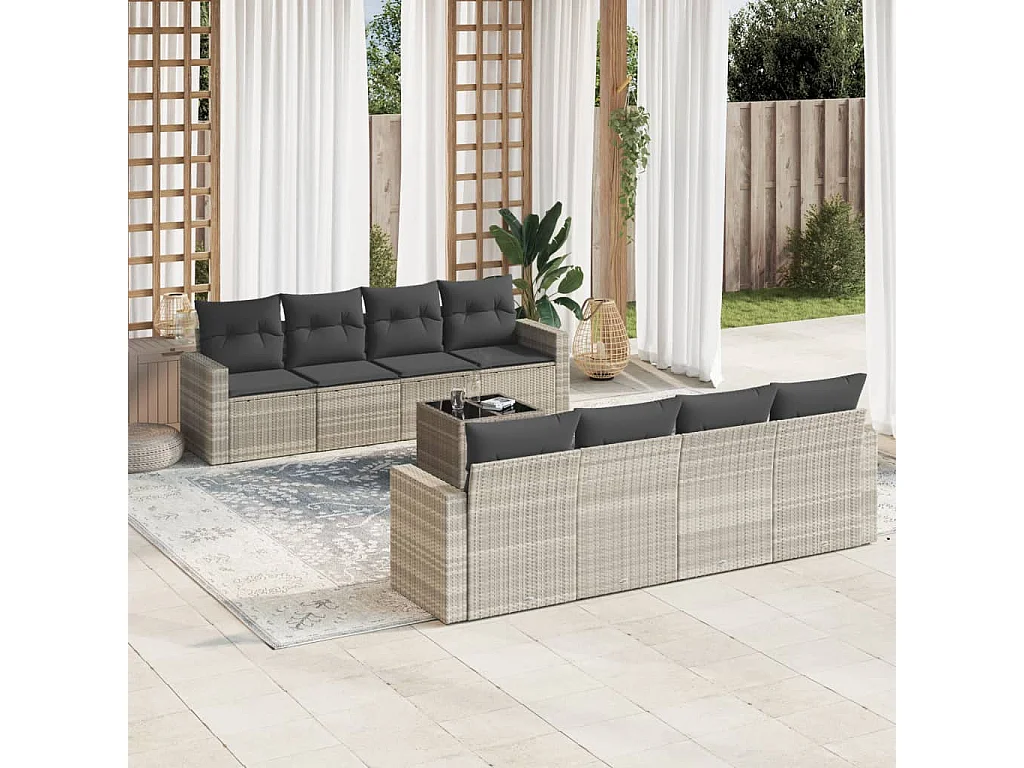 Salon de jardin 9 pcs avec coussins gris clair résine tressée