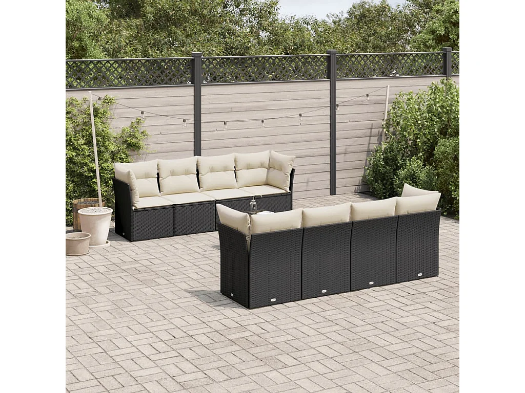 9-delige Loungeset met kussens poly rattan zwart
