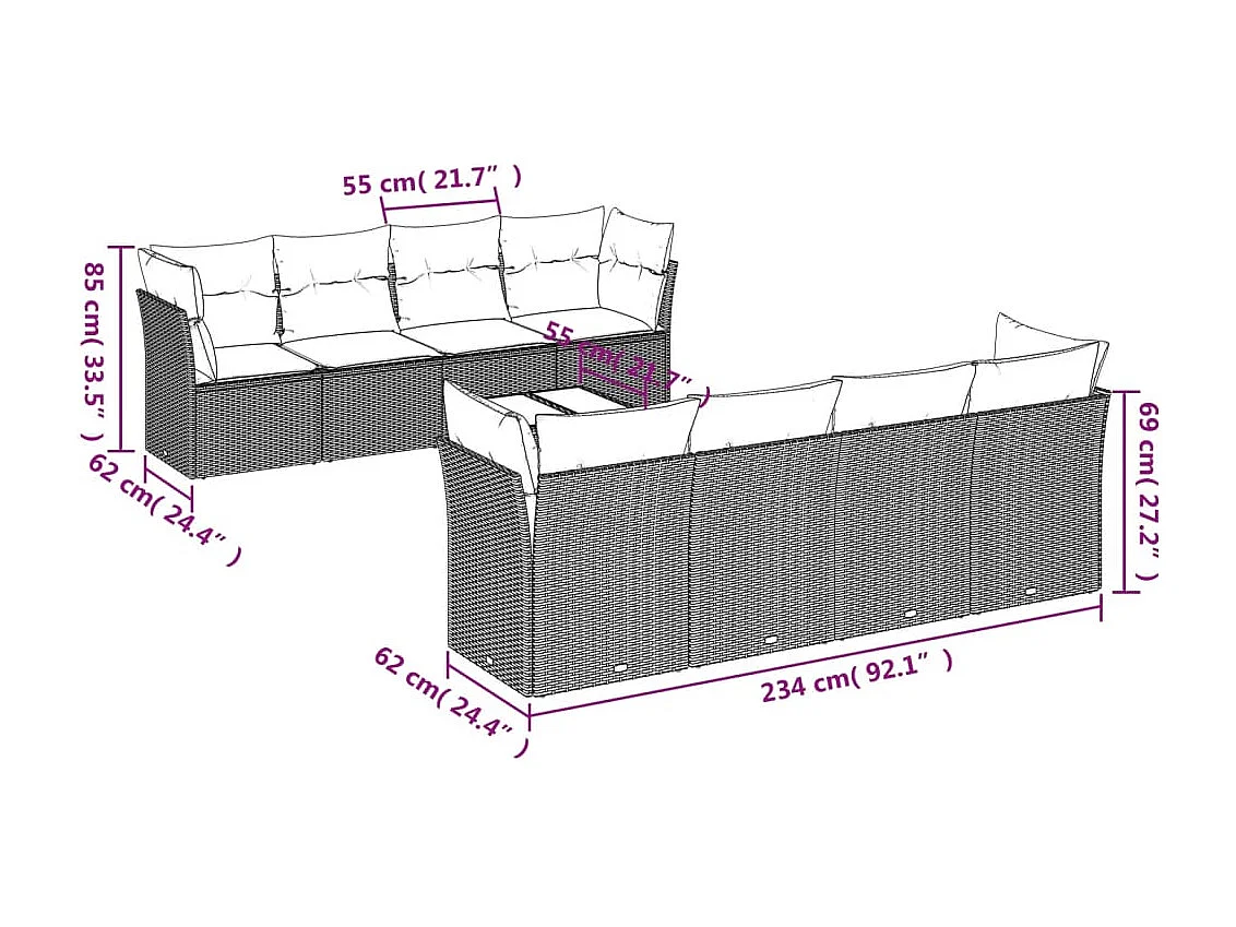 9-delige Loungeset met kussens poly rattan zwart