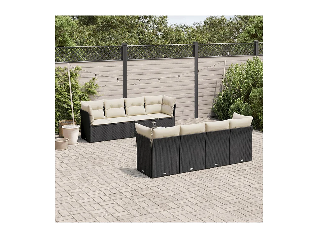 Salon de jardin 9 pcs avec coussins noir résine tressée