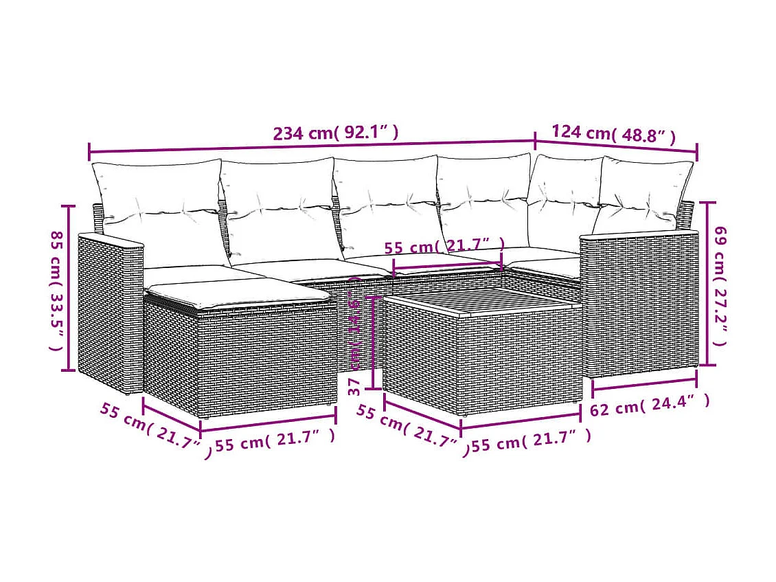 7 pcs conjunto de sofás p/ jardim c/ almofadões vime PE preto