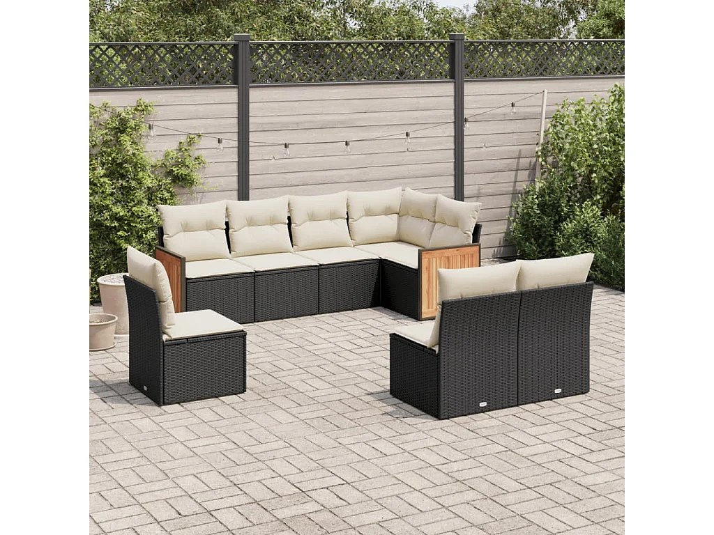 Salon de jardin 8 pcs avec coussins noir résine tressée
