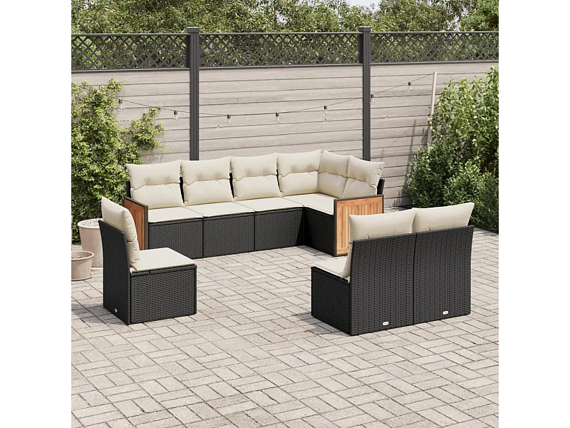 Salon de jardin 8 pcs avec coussins noir résine tressée