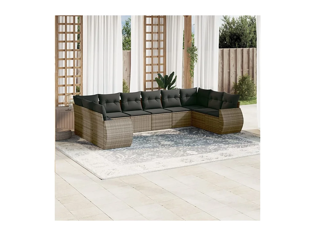 Salon de jardin avec coussins 10 pcs gris résine tressée