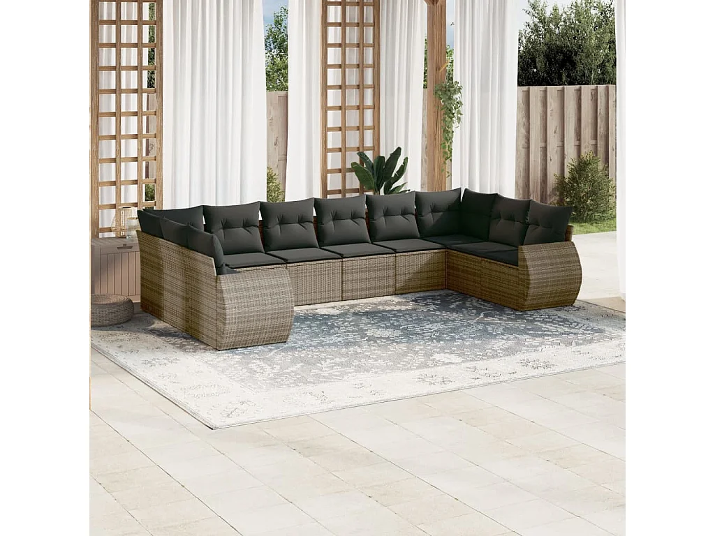 Set Divano da Giardino 10 pz con Cuscini Grigio in Polyrattan