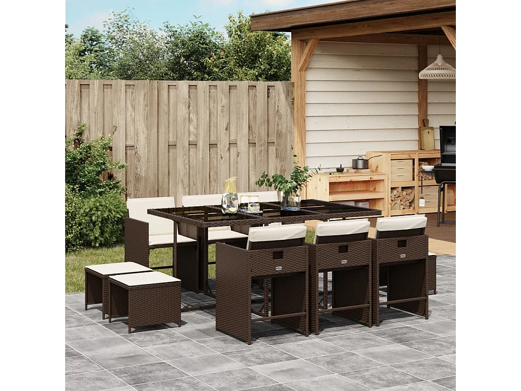 11 pcs conjunto jantar p/ jardim c/ almofadões vime PE castanho