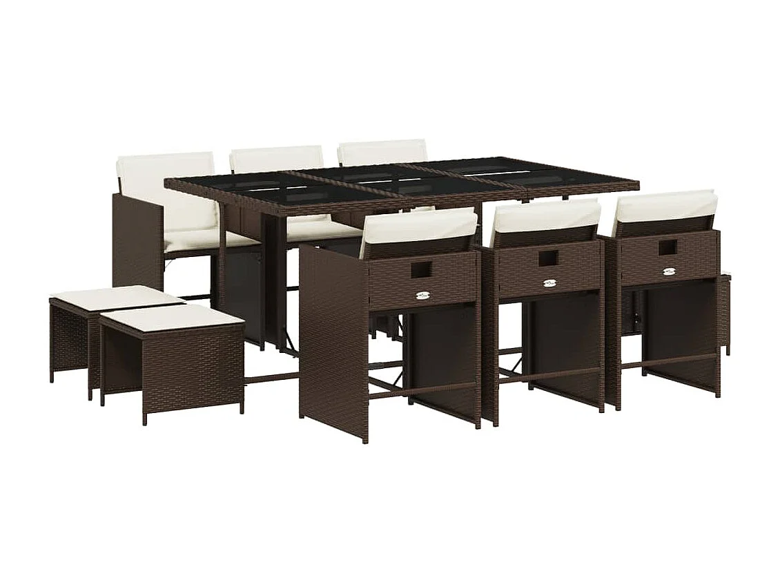 11 pcs conjunto jantar p/ jardim c/ almofadões vime PE castanho