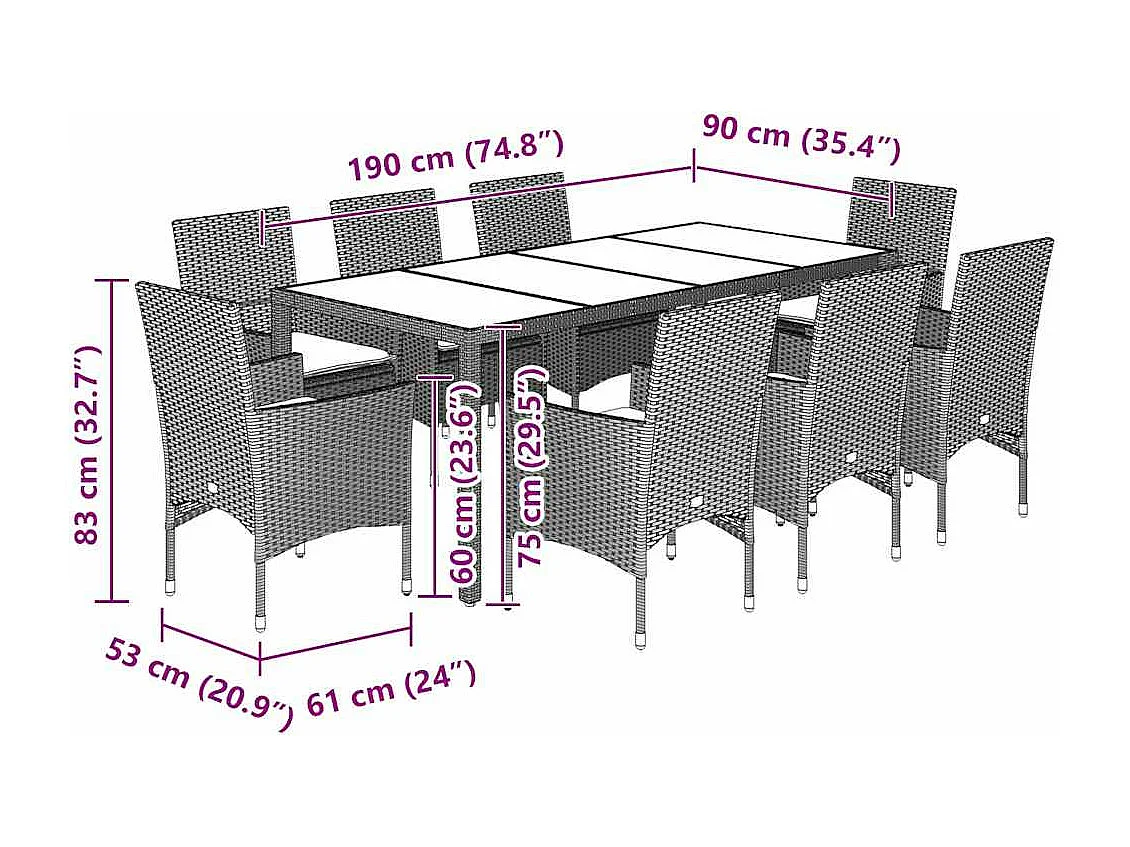 Ensemble à manger de jardin et coussins 9 pcs beige rotin verre