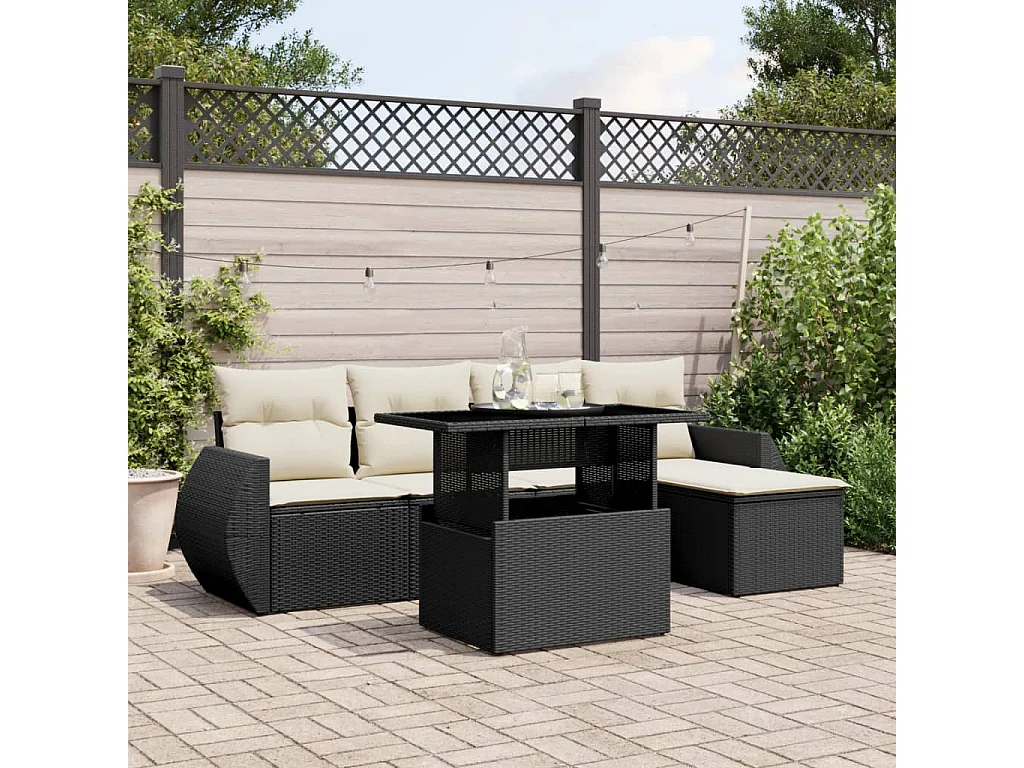 6-tlg. Garten-Sofagarnitur mit Kissen Schwarz Poly Rattan