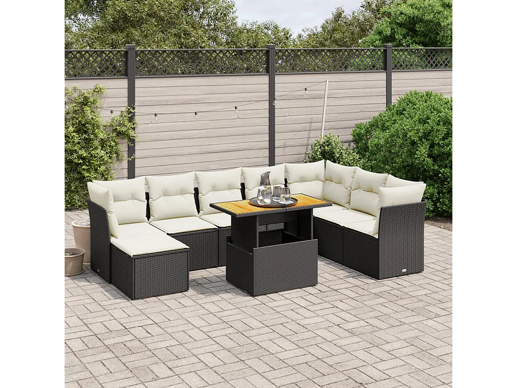 9-tlg. Garten-Sofagarnitur mit Kissen Schwarz Poly Rattan
