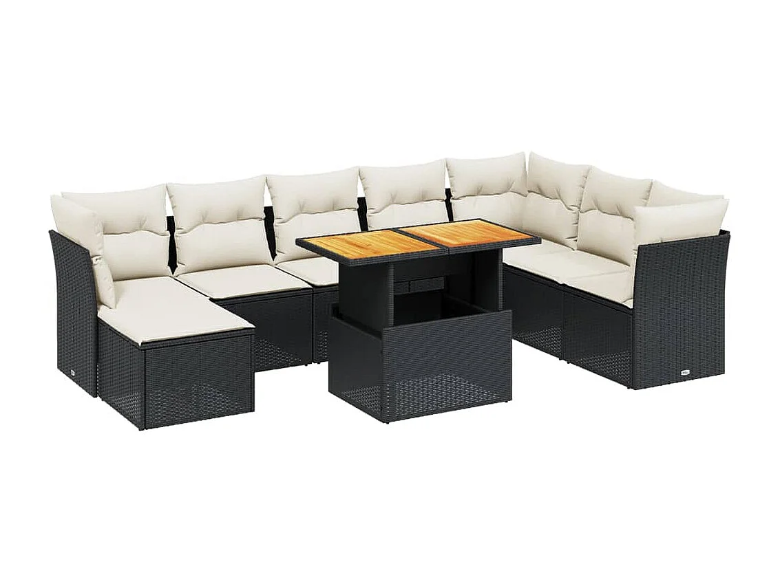 9-tlg. Garten-Sofagarnitur mit Kissen Schwarz Poly Rattan