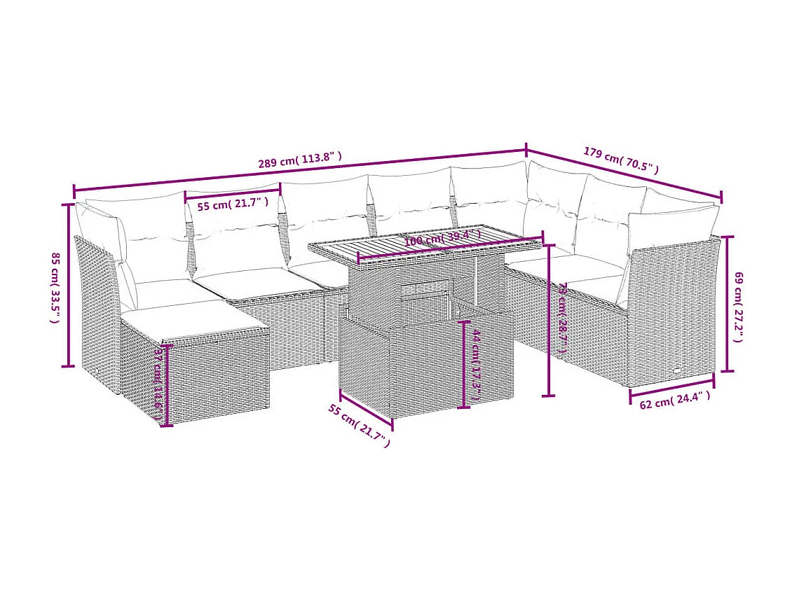 9-tlg. Garten-Sofagarnitur mit Kissen Schwarz Poly Rattan