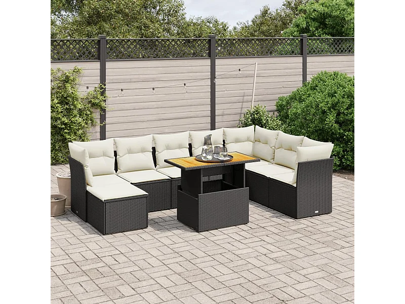 9-tlg. Garten-Sofagarnitur mit Kissen Schwarz Poly Rattan