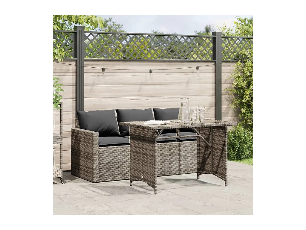 2-tlg. Garten-Essgruppe mit Kissen Grau Poly Rattan