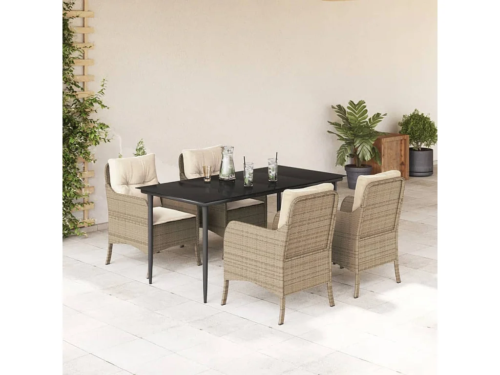 Ensemble à manger de jardin avec coussins 5pcs Beige poly rotin