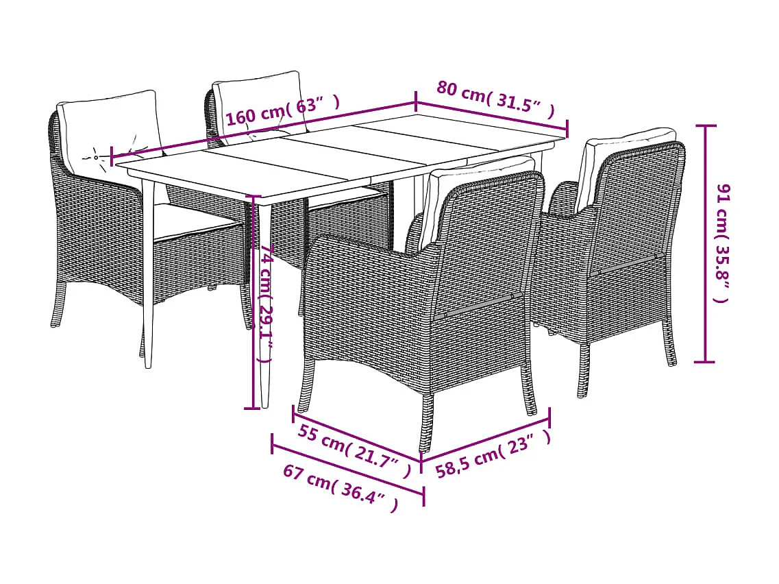 Ensemble à manger de jardin avec coussins 5pcs Beige poly rotin